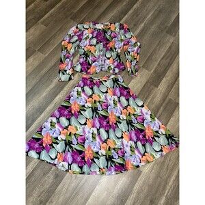 Vtg 100% Silk Maggie London Jeannene Booher Top & Skirt Set Sz 6 Floral Flare